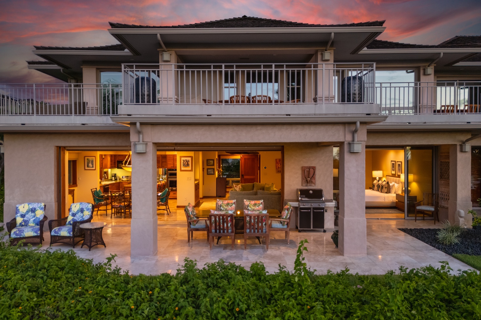 Kailua Kona Vacation Rentals, 2BD Hillside Villa (4102) at Hualalai Resort - Sunset view of villa façade showcasing open living spaces.