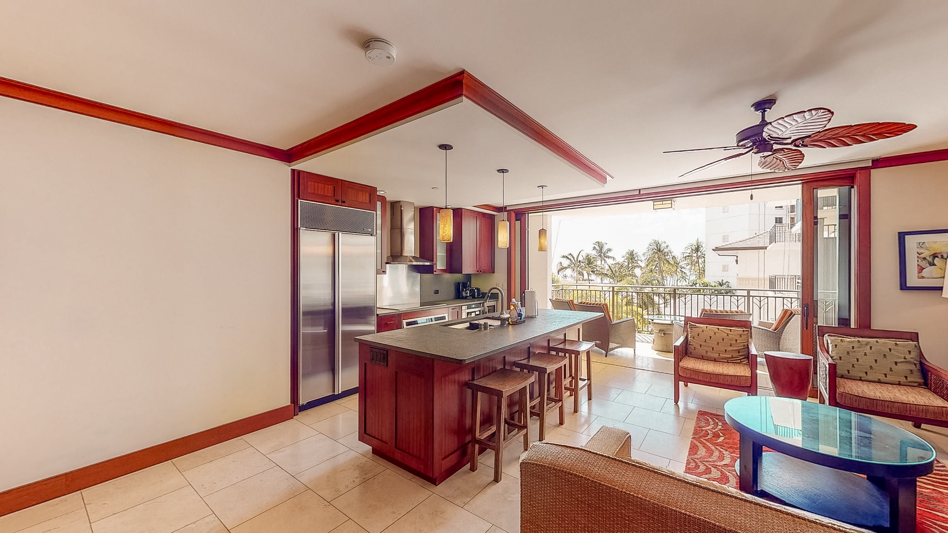 Kapolei Vacation Rentals, Ko Olina Beach Villas O401 - Seating at the island counter and fresh ocean air.