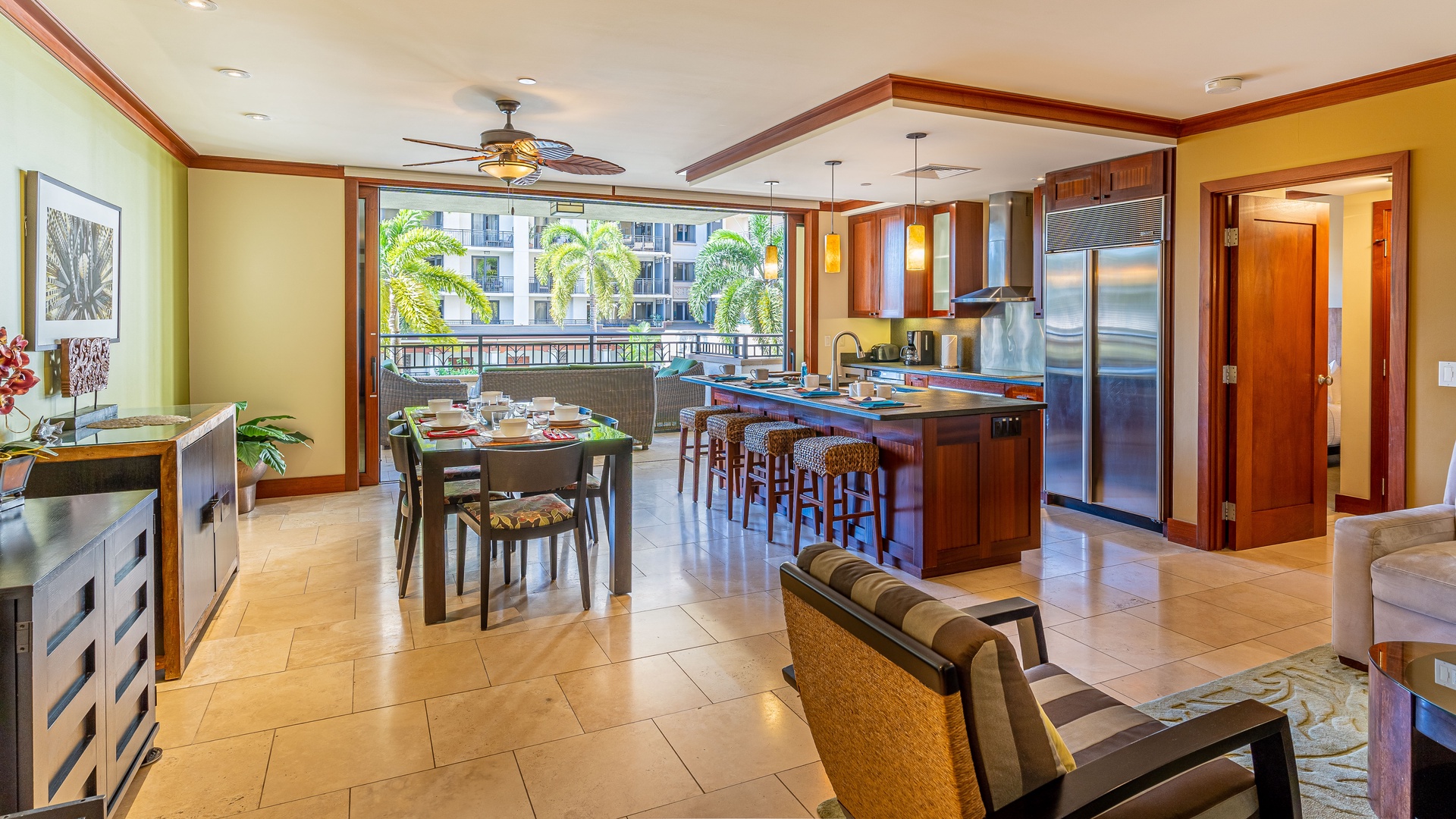 Kapolei Vacation Rentals, Ko Olina Beach Villas O224 - The open floor plan for the kitchen, living and dining areas.