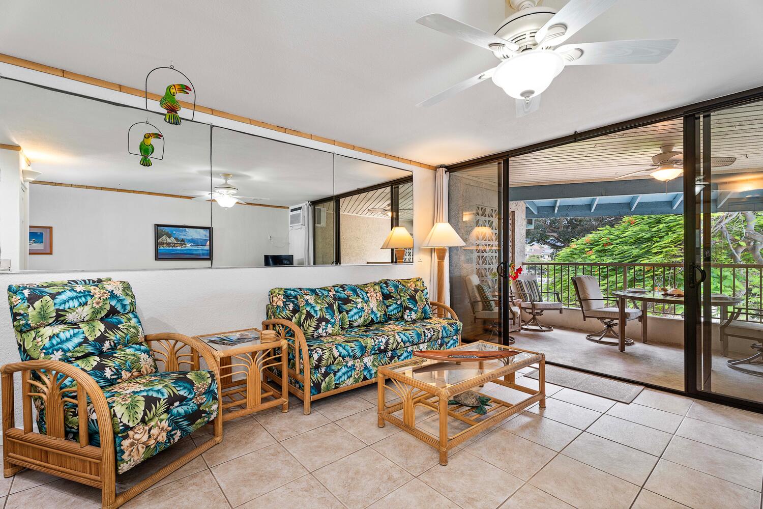 Kailua-Kona Vacation Rentals, Kona Reef B32 - The living space flows seamlessly with an open floorplan, connecting to a cozy lanai for relaxing outdoor moments.