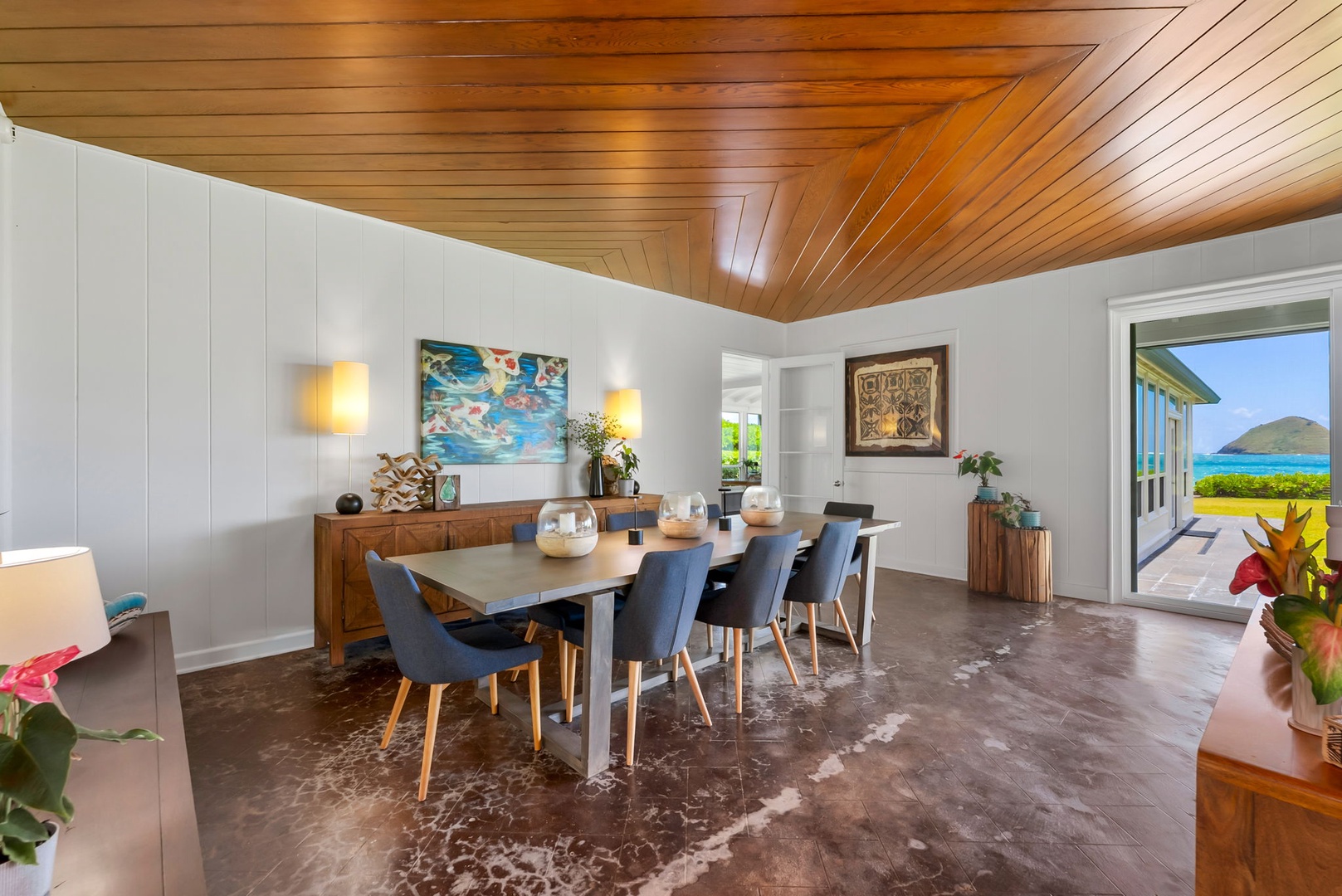 Kailua Vacation Rentals, Lanikai Oceanside 5 Bedroom - Share long, leisurely dinners in this elegant dining space—ideal for entertaining during your extended island stay.