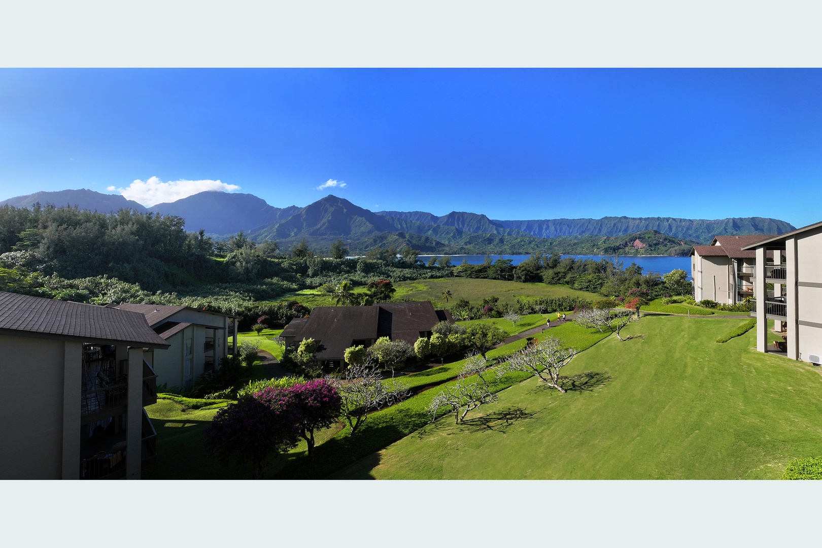 Princeville Vacation Rentals, Hanalei Bay Resort 4302/3 - Marvel at the sweeping panoramic views of Hanalei Bay and lush greenery.