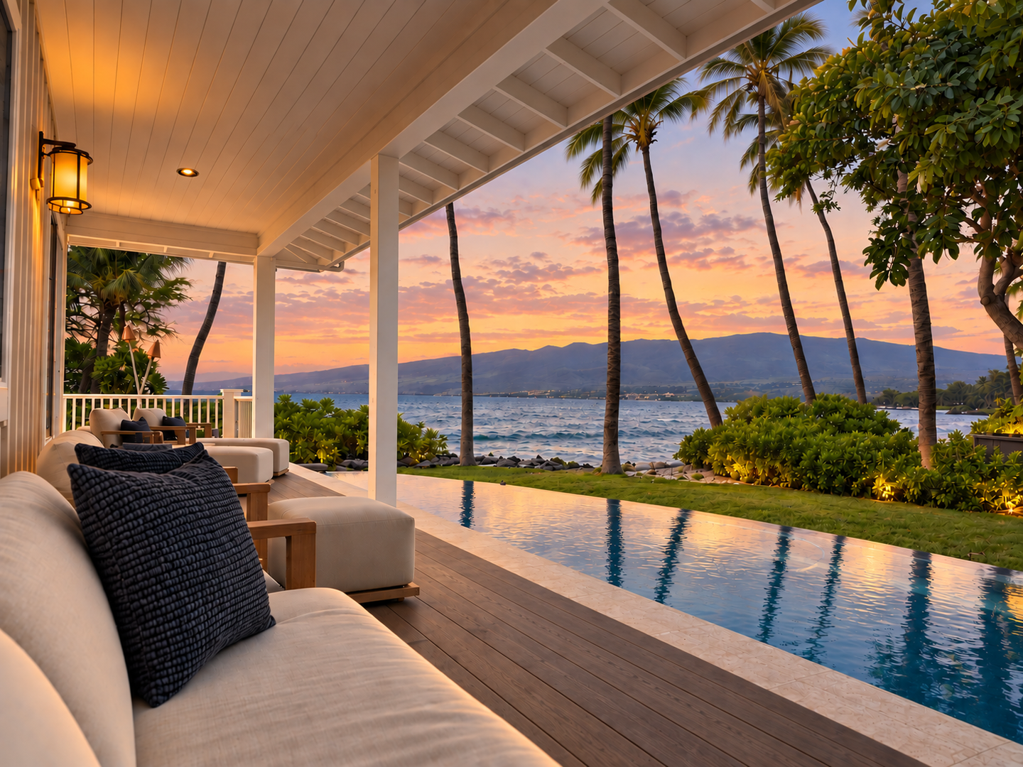 Kamuela Vacation Rentals, 4BD Estate Home at Puako Bay (74) - Evening color spreads across the pool and ocean from the shelter of the lounge lanai.