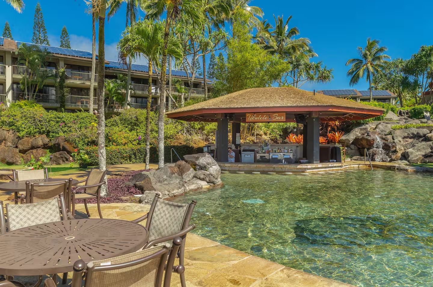 Princeville Vacation Rentals, Hanalei Bay Resort 4302 - Enjoy a cool drink on the poolside cabana or take a refreshing dip in pool.