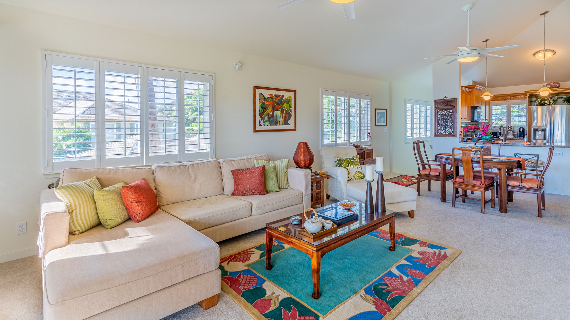 Kapolei Vacation Rentals, Kai Lani 16C - Sink into the plush seating in the living area surrounded by colorful accents.