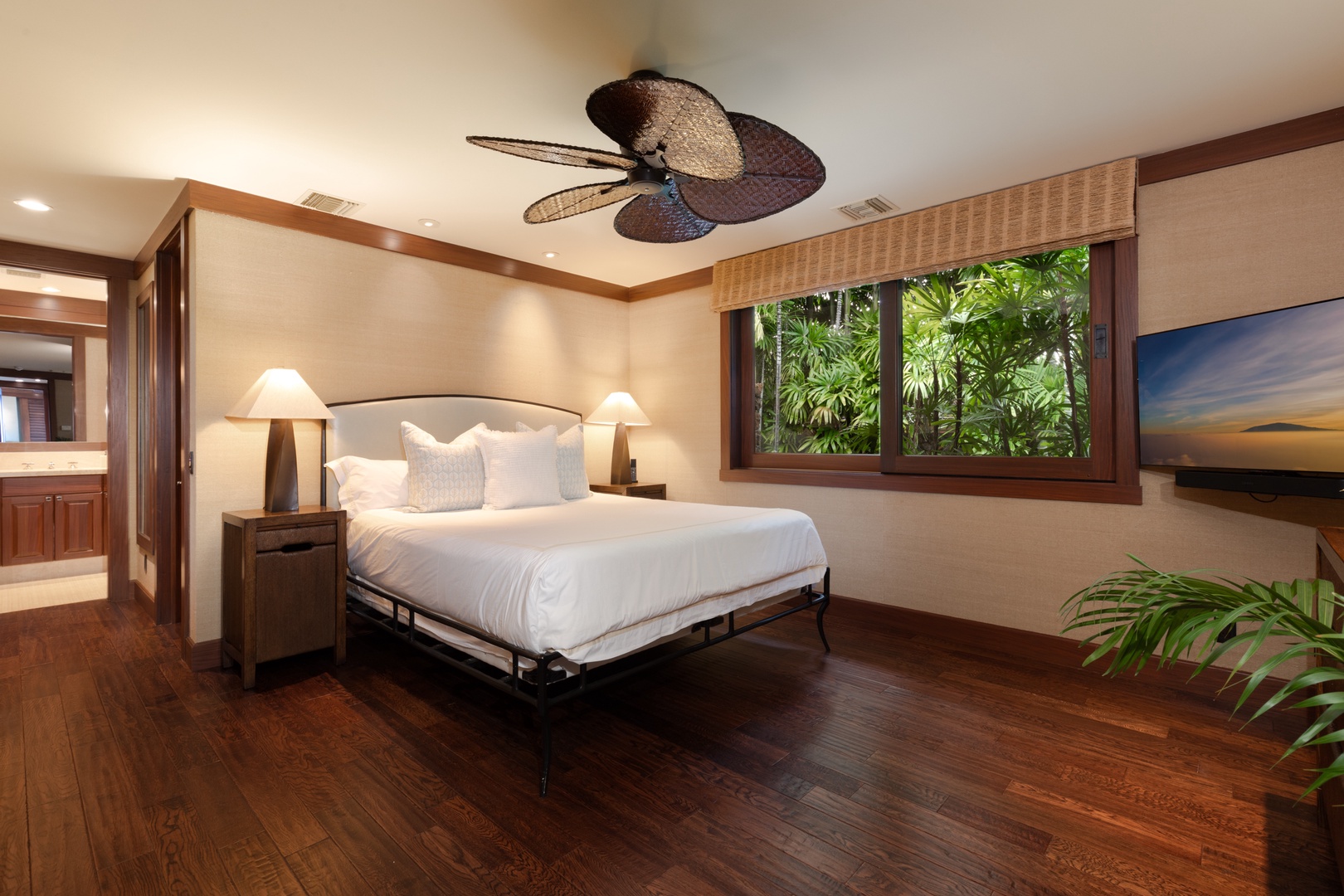 Kailua Kona Vacation Rentals, 5BD Ke Alaula Estate (144) at Hualalai Resort - Tranquil guest bedroom with a Cal king bed, natural light and garden views.