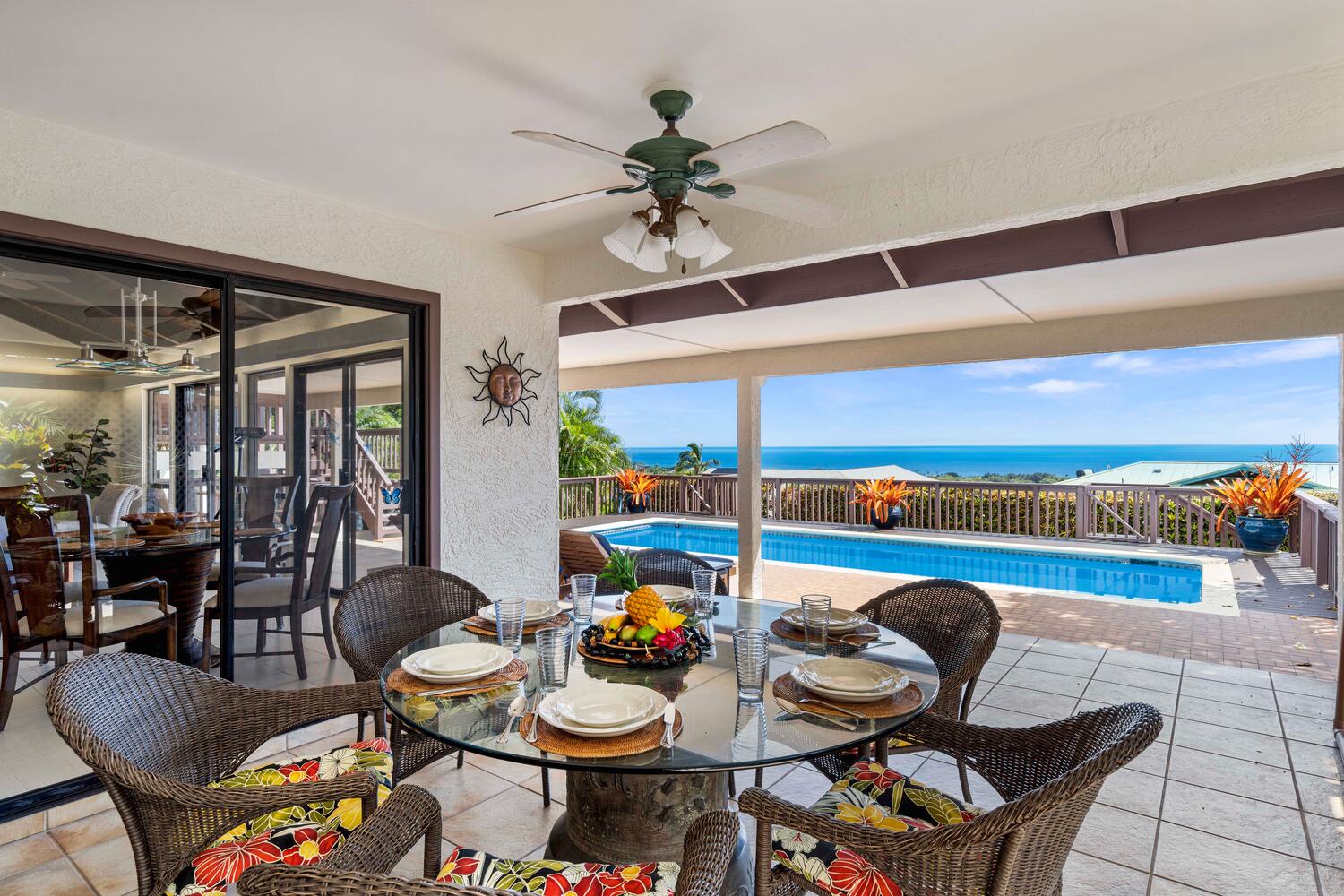 Kailua Kona Vacation Rentals, Kona Dreams - Dine alfresco by the pool with stunning ocean views.