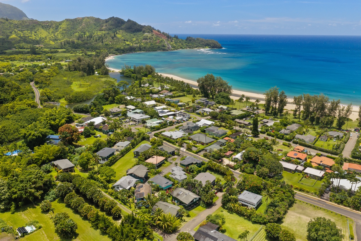 Hanalei Vacation Rentals, Hale Kanani (Kaua'i) TVNC 1342 - From above, the neighborhood tucks between green mountains and the distant blue of the bay.