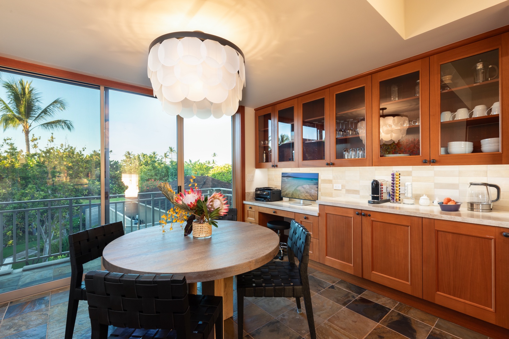 Kailua Kona Vacation Rentals, 3BD Waiulu Villa 111D at Hualalai Resort - Bright dining space with a table for four and panoramic views through large windows.