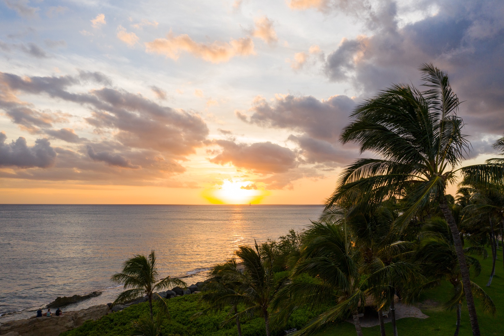 Palms go to silhouette as the sun sinks into the ocean.