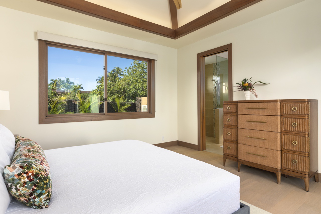 Kailua Kona Vacation Rentals, 4BR Luxury Puka Pa Estate (1201) at Four Seasons Resort at Hualalai - Guest suite #4 with a king bed, dresser, and ensuite bathroom.
