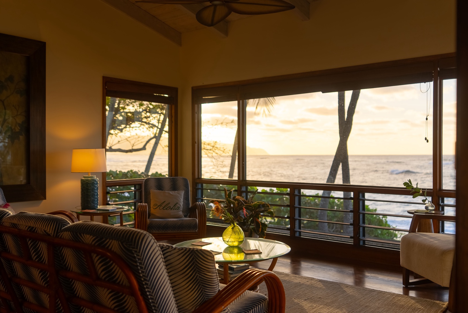 Haleiwa Vacation Rentals, Maluhia Beach House - Watch the sunset from the comfort of the living room, creating the perfect evening ambiance.