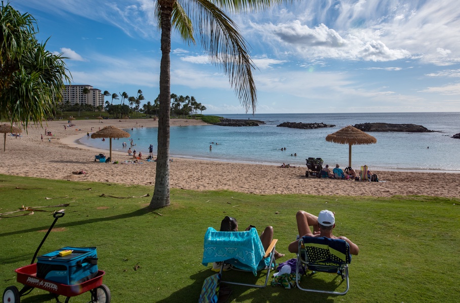 Pristine beachfront with swaying palms, turquoise waters, and soft sand—perfect for unwinding under thatched umbrellas or strolling the shore with ocean breezes.