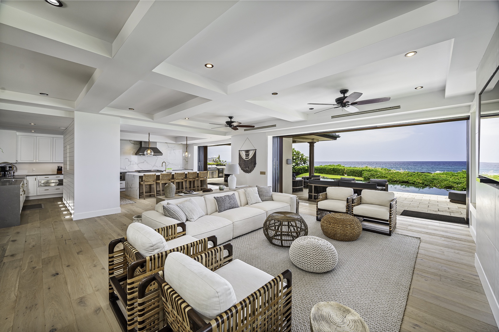 Kailua Kona Vacation Rentals, Alohi Kai Estate** - Open concept living room with built in 80 inch TV, Restoration Hardware furniture from their Luxury Beach Edition