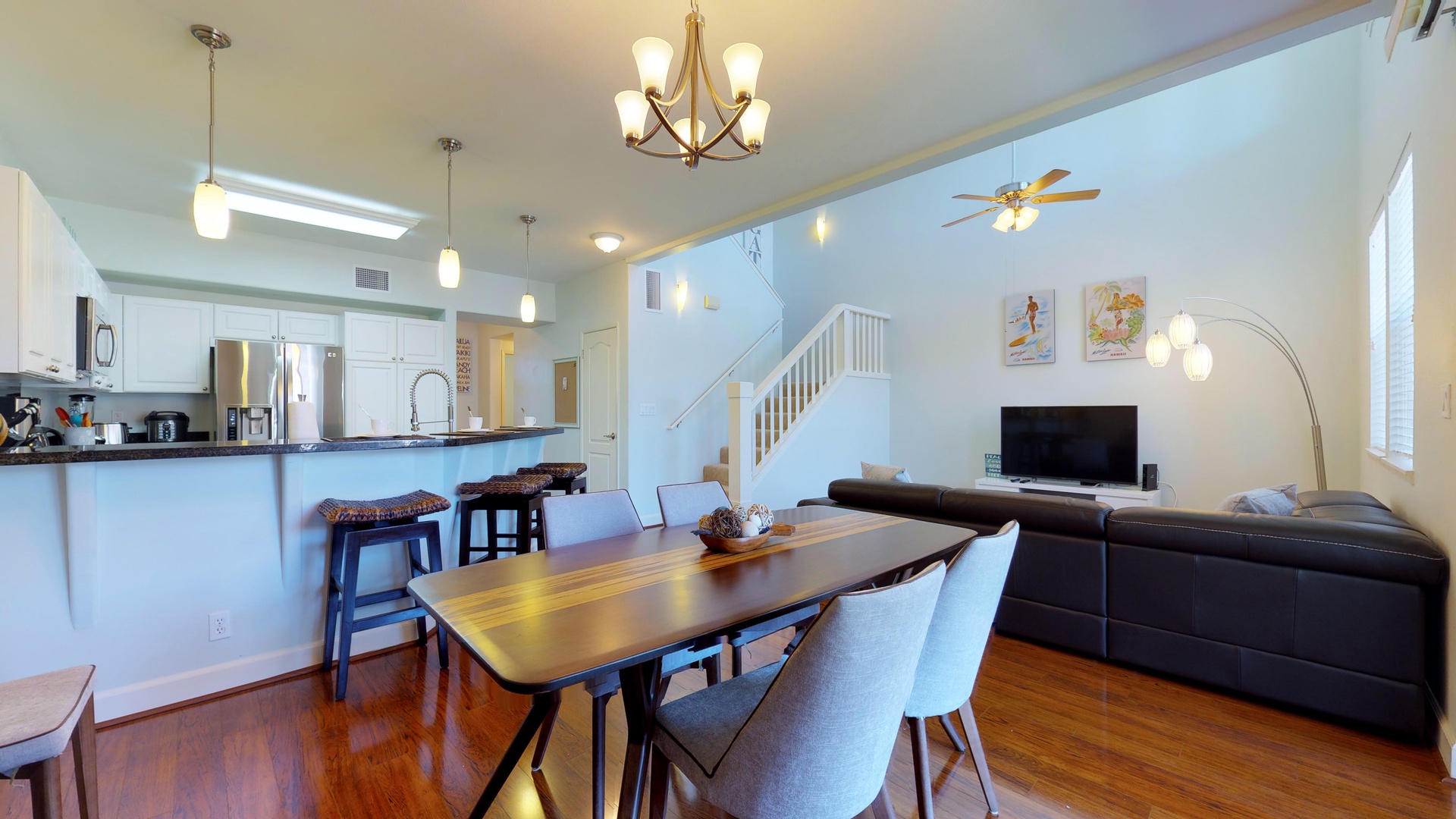 Kapolei Vacation Rentals, Ko Olina Kai 1035D - An open floor plan for the kitchen, dining and living areas and stairs.