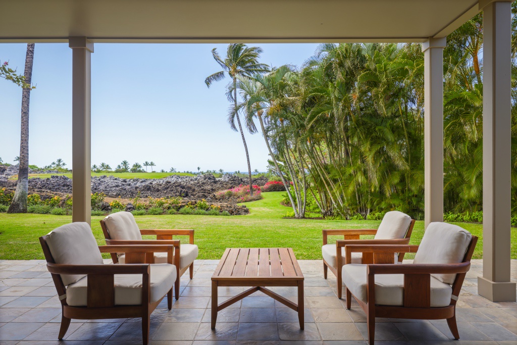 Kailua Kona Vacation Rentals, 3BD Ke Alaula Villa (217C) at Hualalai Resort - The large outdoor lounging sofa set faces towards the backyard and golf course.