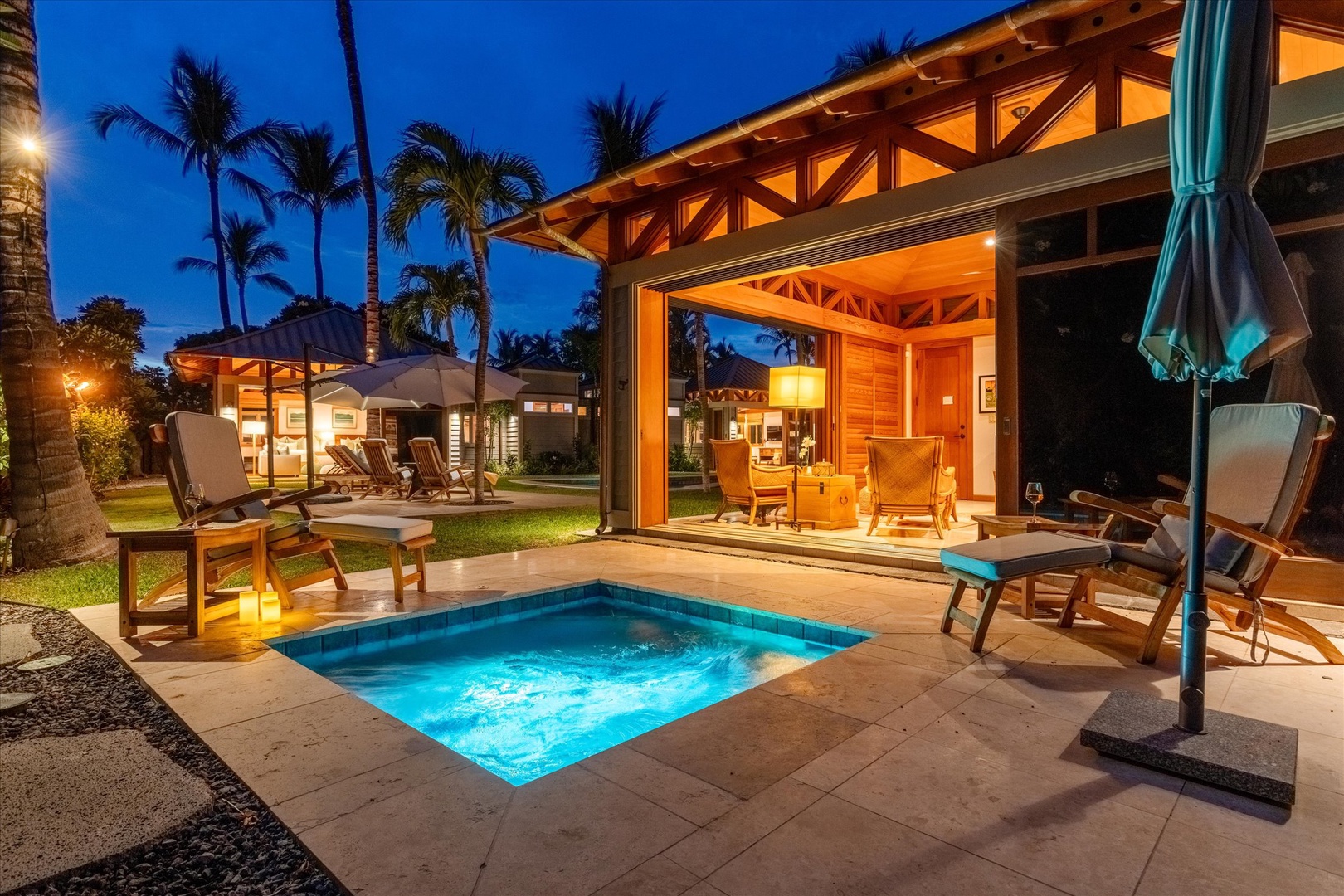 Kamuela Vacation Rentals, 3BD Na Hale 3 at Pauoa Beach Club at Mauna Lani Resort - After dark the hot tub glows against the warm light of the covered lanai.