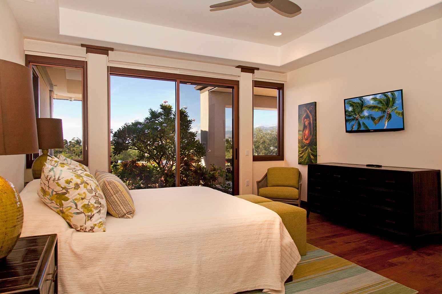 Kamuela Vacation Rentals, 4BD Champion Ridge (CR10) Estate Home at Mauna Lani Resort - Third bedroom, with king bed, flat-screen TV, walk-in closet, en suite bath, and sliding doors to pool deck.