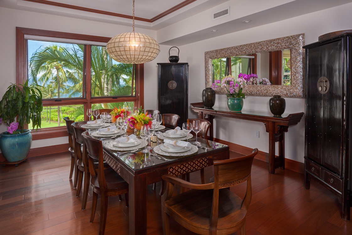 Kapalua Vacation Rentals, Ocean Dreams Villa 2203 at Montage Kapalua Bay* - Interior Formal Dining Room with Mother of Pearl Inset Table and Mirror - Seating for 8