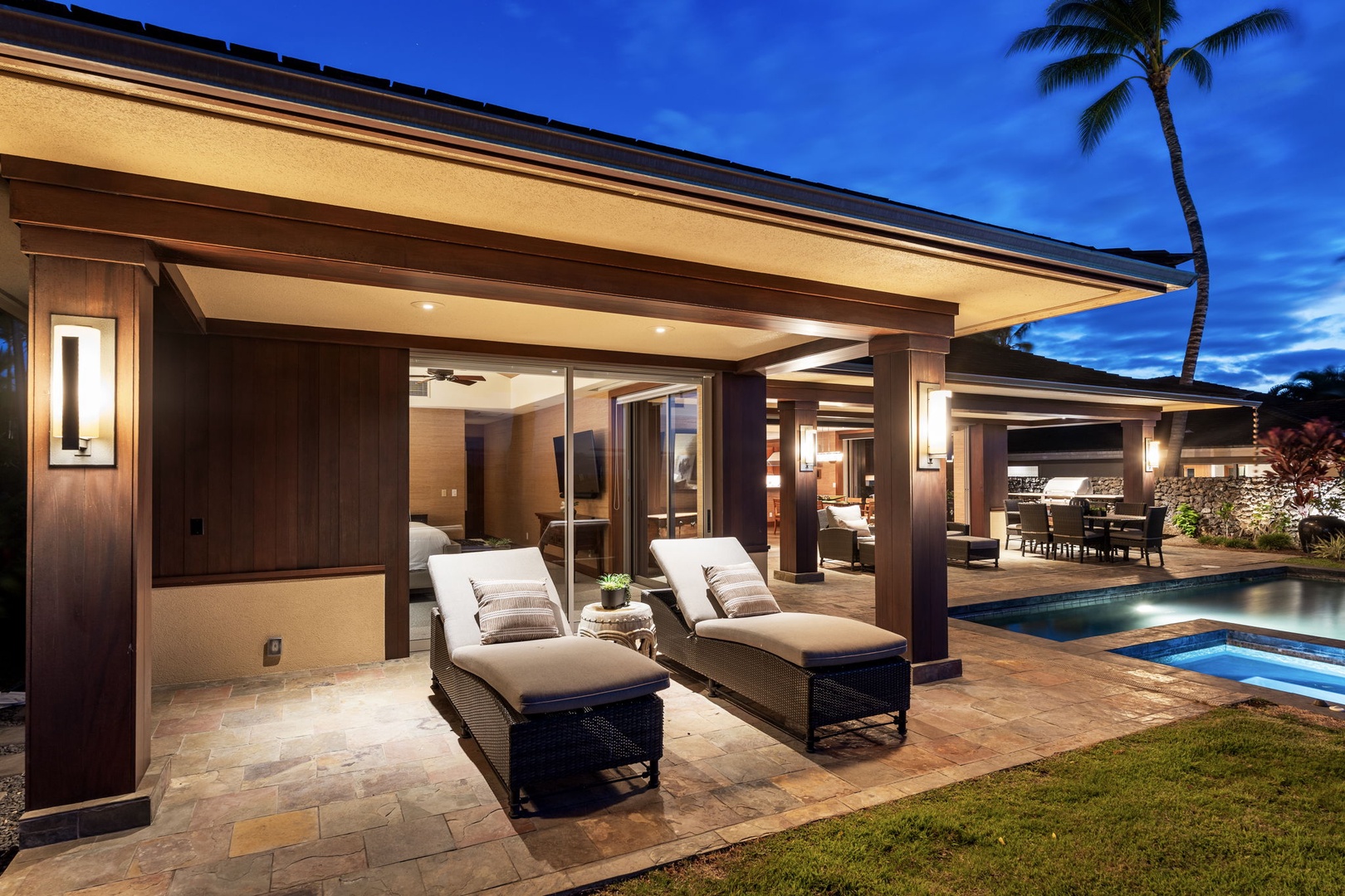 Kailua Kona Vacation Rentals, 3BD Pakui Street Estate (149) at Hualalai Resort - Lights come up in the primary suite and spill onto its own lanai at dusk.