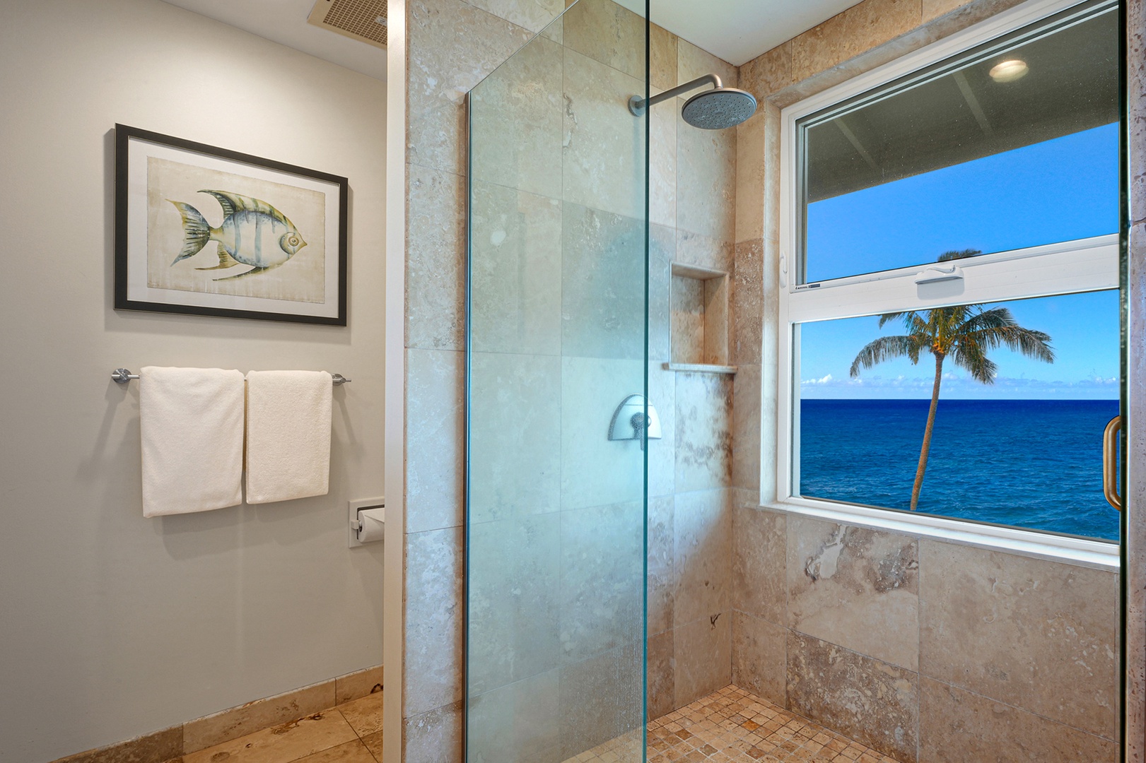 Koloa Vacation Rentals, Whalers Cove #133 - Walk-in shower with ocean views for a luxurious and refreshing experience.