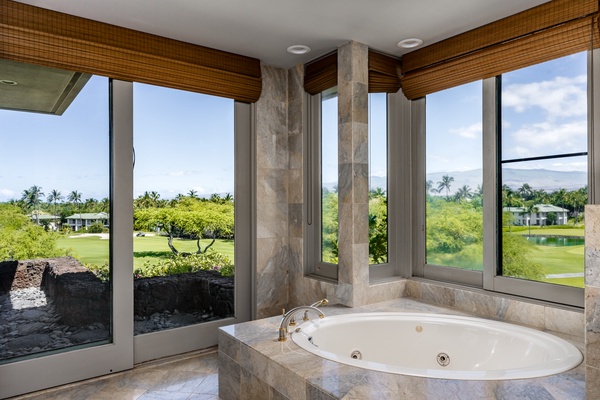 Kamuela Vacation Rentals, Canoe House & Beach Walker at Champion Ridge - Soaking tub with panoramic views, offering a tranquil setting to relax and enjoy the scenery.