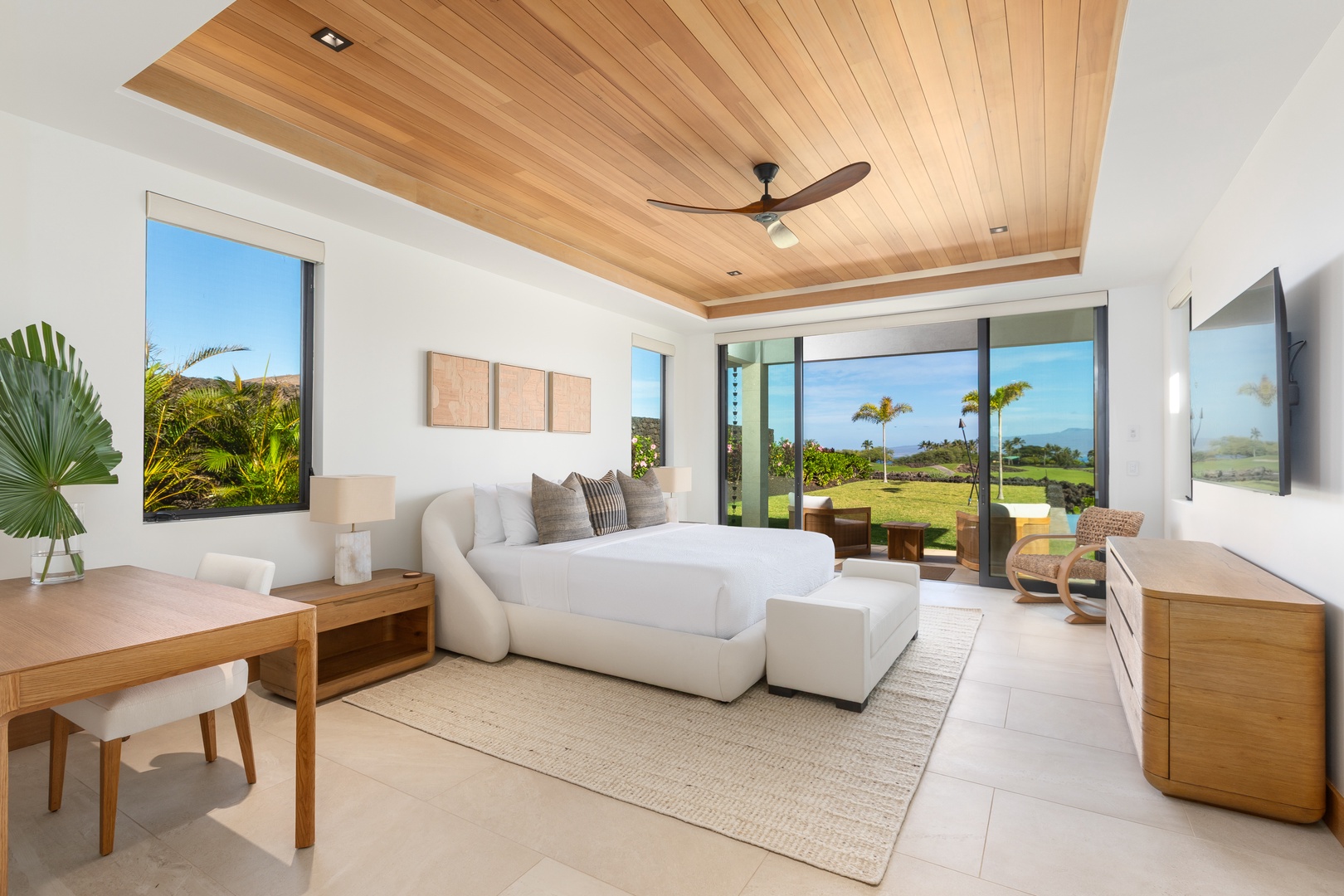 Kamuela Vacation Rentals, 5BD Mauna Lani Lux Ocean Estate (OE12) at One Ocean - (Bedroom #1) Drift off peacefully in your luxurious bedroom featuring soaring wood ceilings, pristine white linens, and panoramic tropical views.