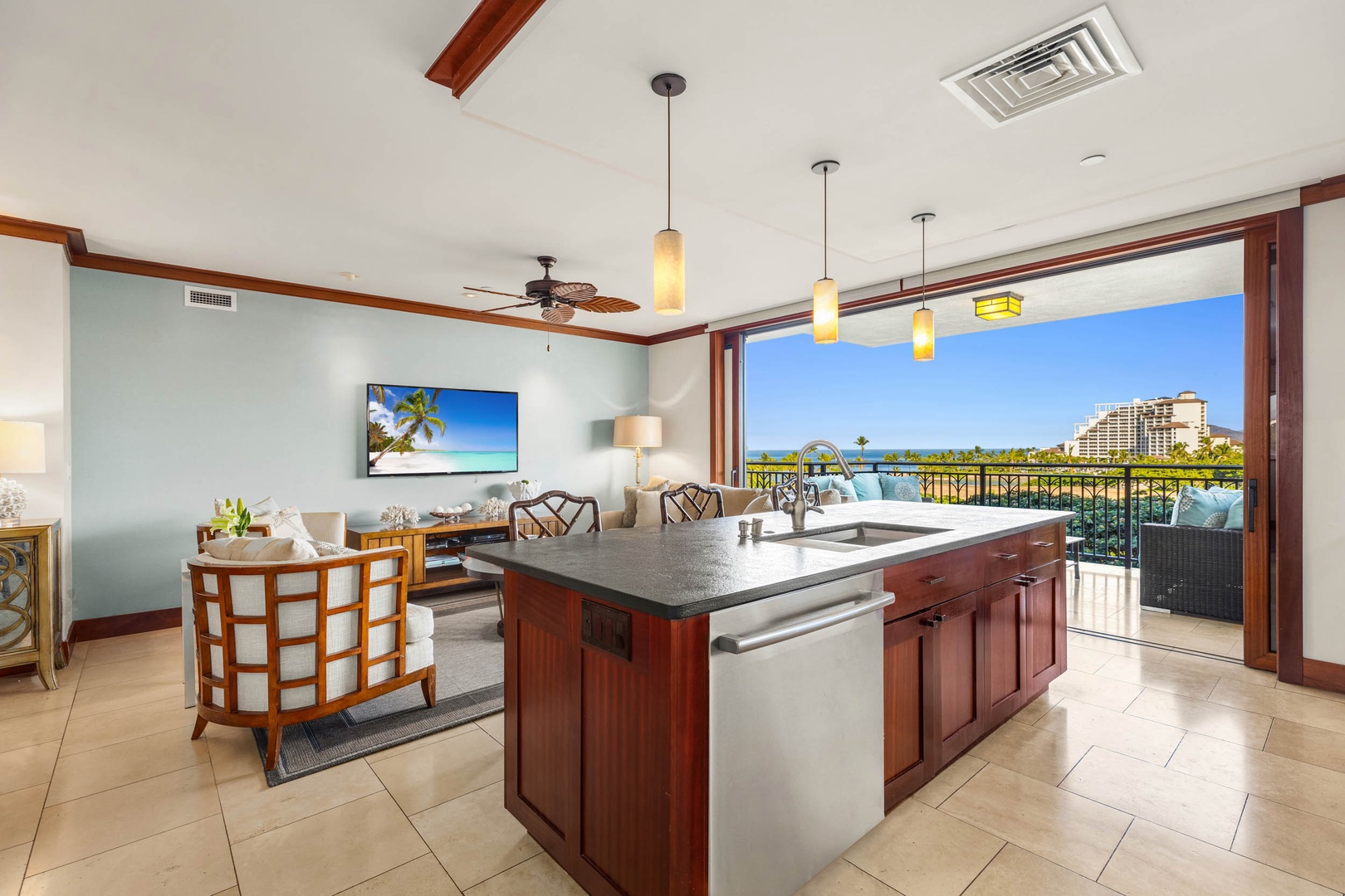 Kapolei Vacation Rentals, Ko Olina Beach Villa B604 - Views and lofted ceilings throughout the living areas.