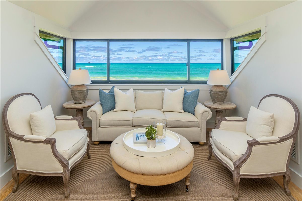 Kailua Vacation Rentals, Kailua Beachfront Estate - Second-story seating nook in the primary suite with unobstructed views of turquoise Kailua waters.