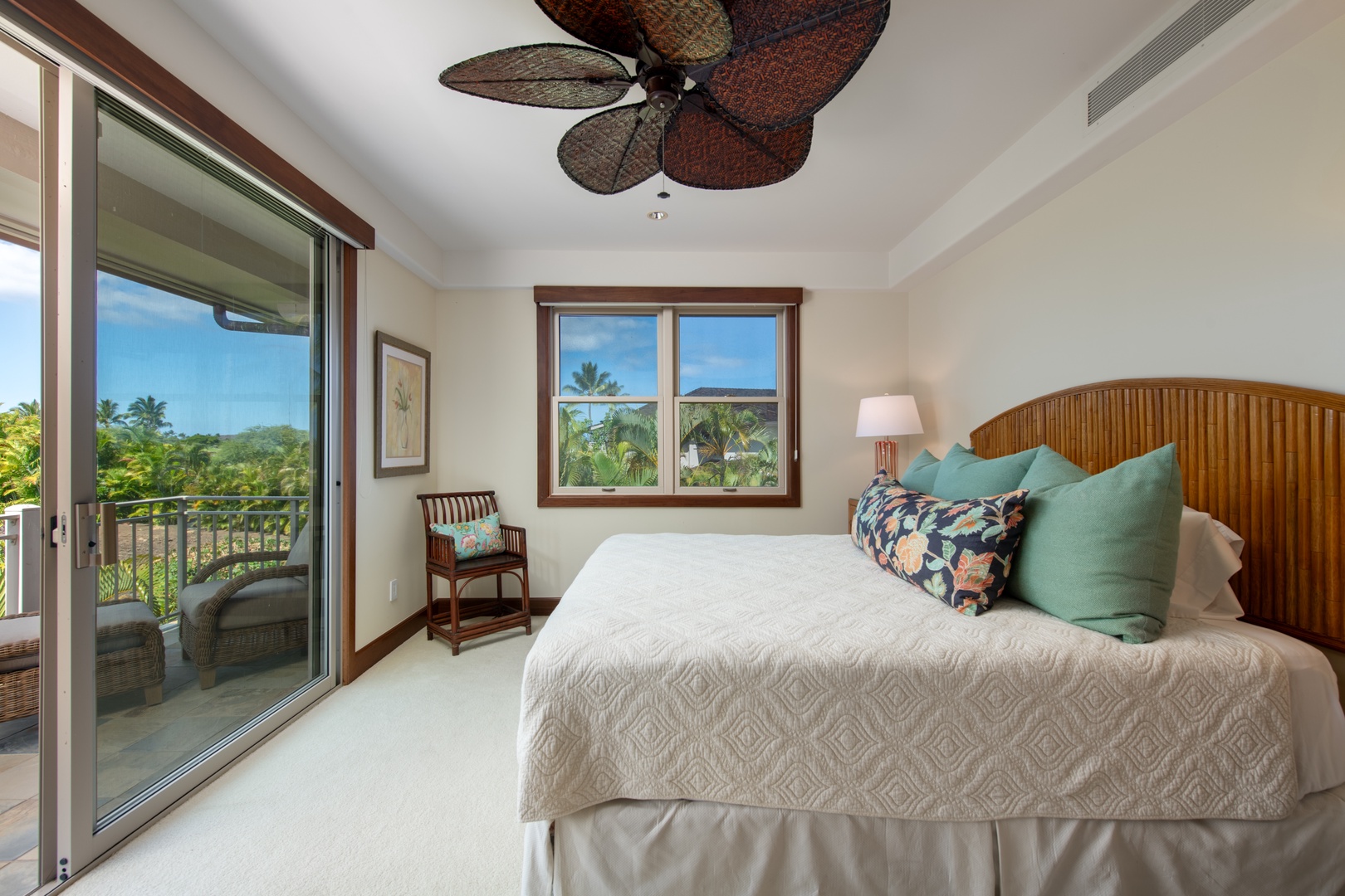 Kailua Kona Vacation Rentals, 3BD Ka'Ulu Villa (109A) at Four Seasons Resort at Hualalai - Downstairs primary bedroom suite with private deck, flat screen TV, sliding doors to bonus retreat room, and en-suite bath.