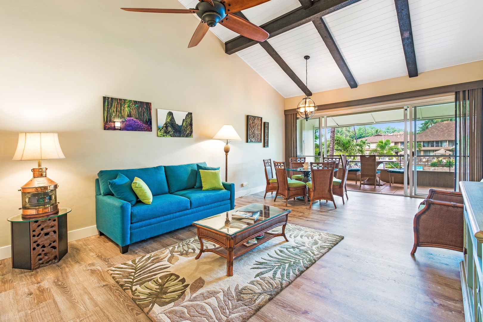Lahaina Vacation Rentals, Maui Kaanapali Villas 292 - Tropical touches and a cozy blue sofa bring Maui Kaanapali Villas 292’s chill vibe to life.