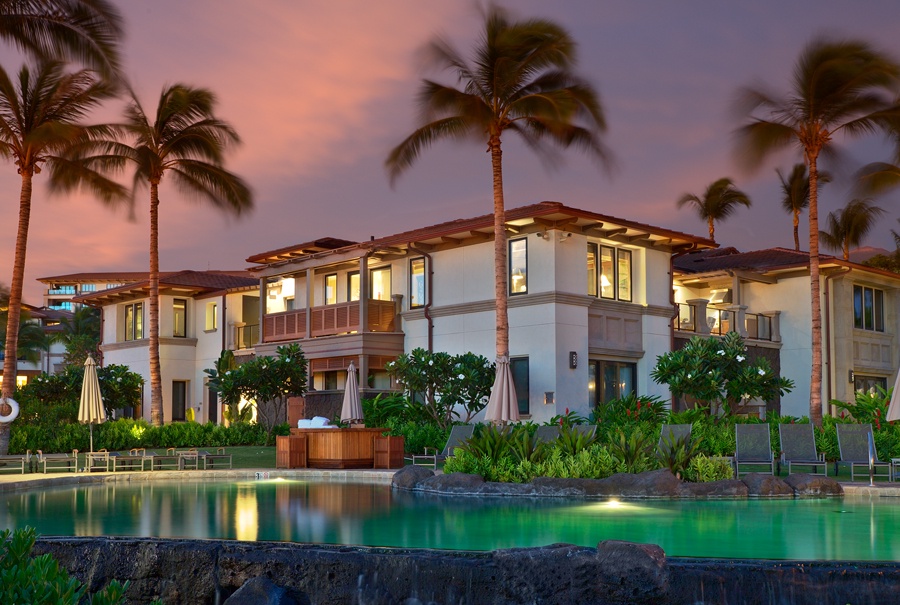 Wailea Vacation Rentals, Royal Ilima A201 at Wailea Beach Villas* - A Twilight View Looking Up To The Royal Ilima A201, Over the Adults-Only Swimming Pool, and Out Towards the Pacific Ocean