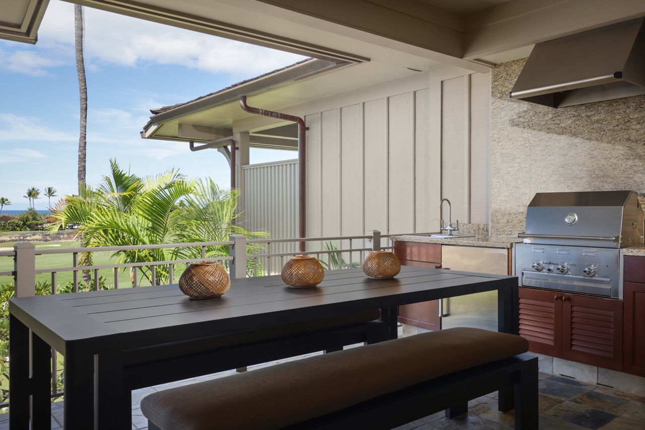 Kailua Kona Vacation Rentals, 3BD Ka'Ulu Villa (109A) at Hualalai Resort - Opposite end of lanai featuring a wet bar, BBQ and al fresco dining space.