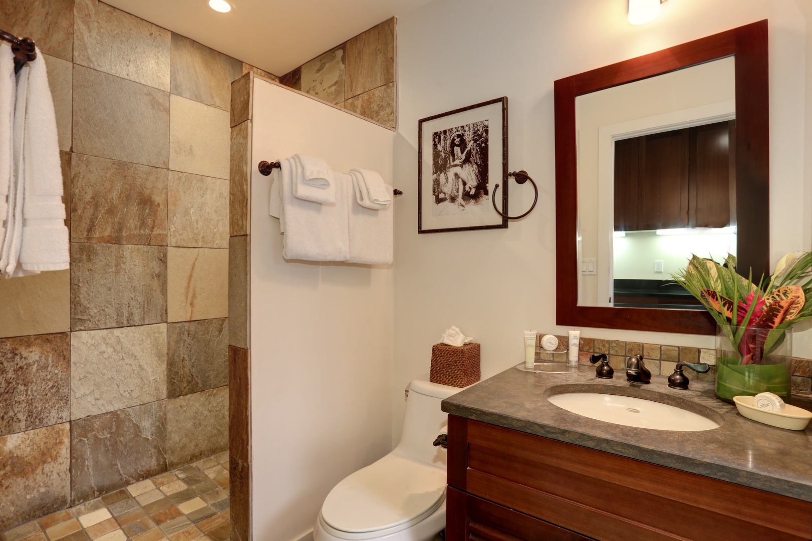 Lahaina Vacation Rentals, Aina Nalu B105 Studio - Large walk-in shower surrounded by natural stone