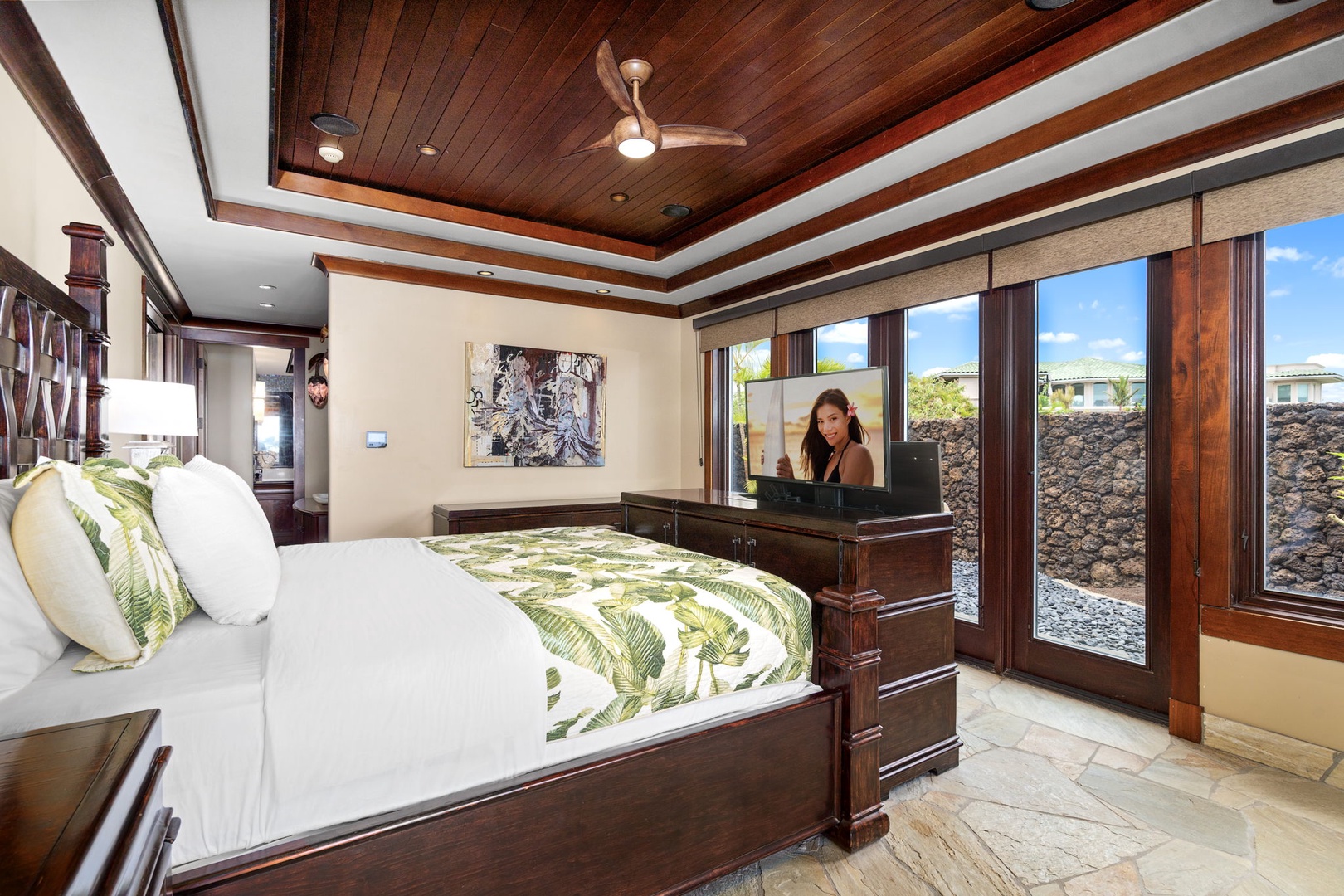 Kamuela Vacation Rentals, Hale Konane - Another view of the tranquil king suite with a pop-up smart TV, blending luxury finishes with island serenity.