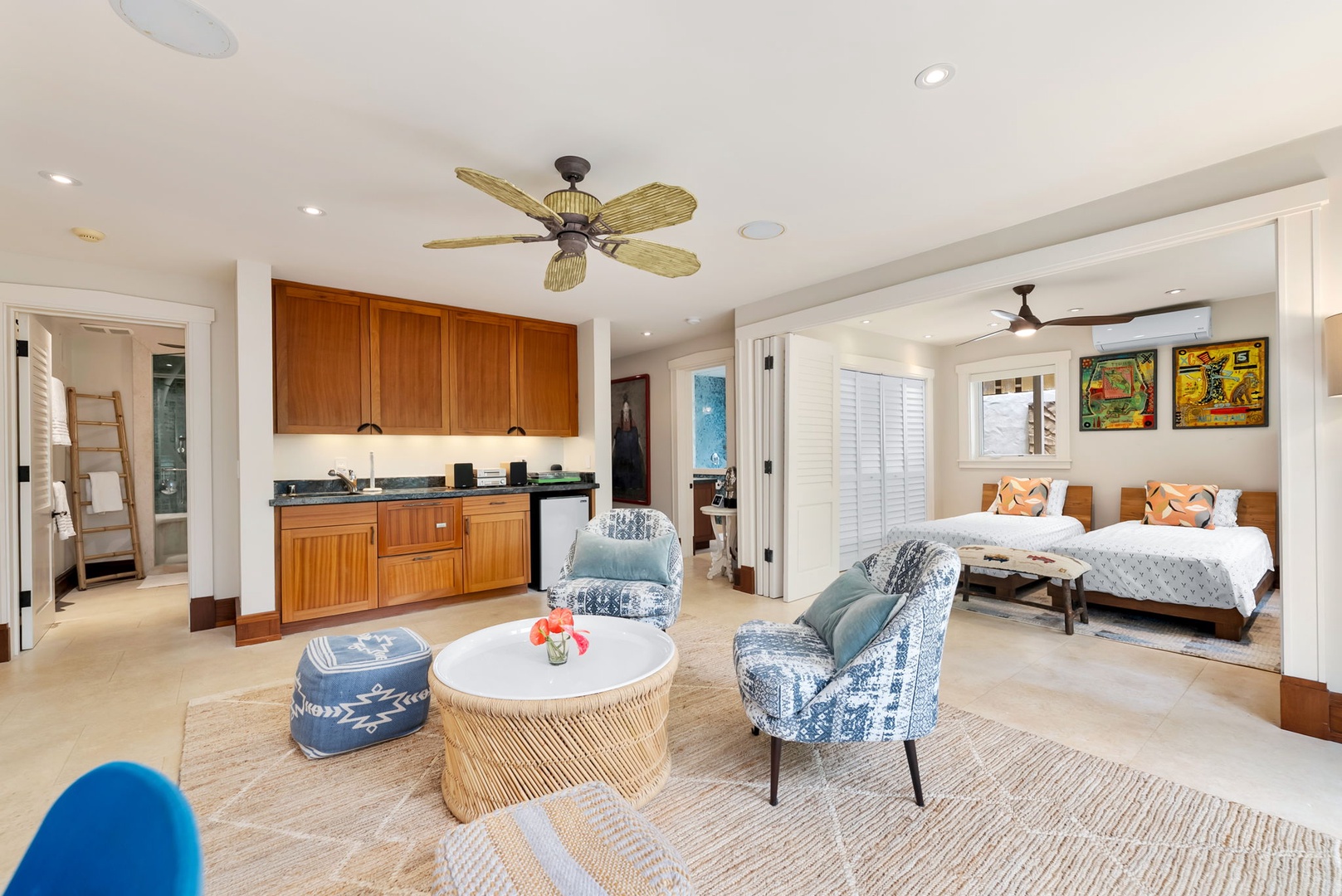 Kailua Vacation Rentals, Leaf House - Bright, spacious suite with kitchenette and cozy seating invites you to relax in style, with twin beds just beyond the archway.