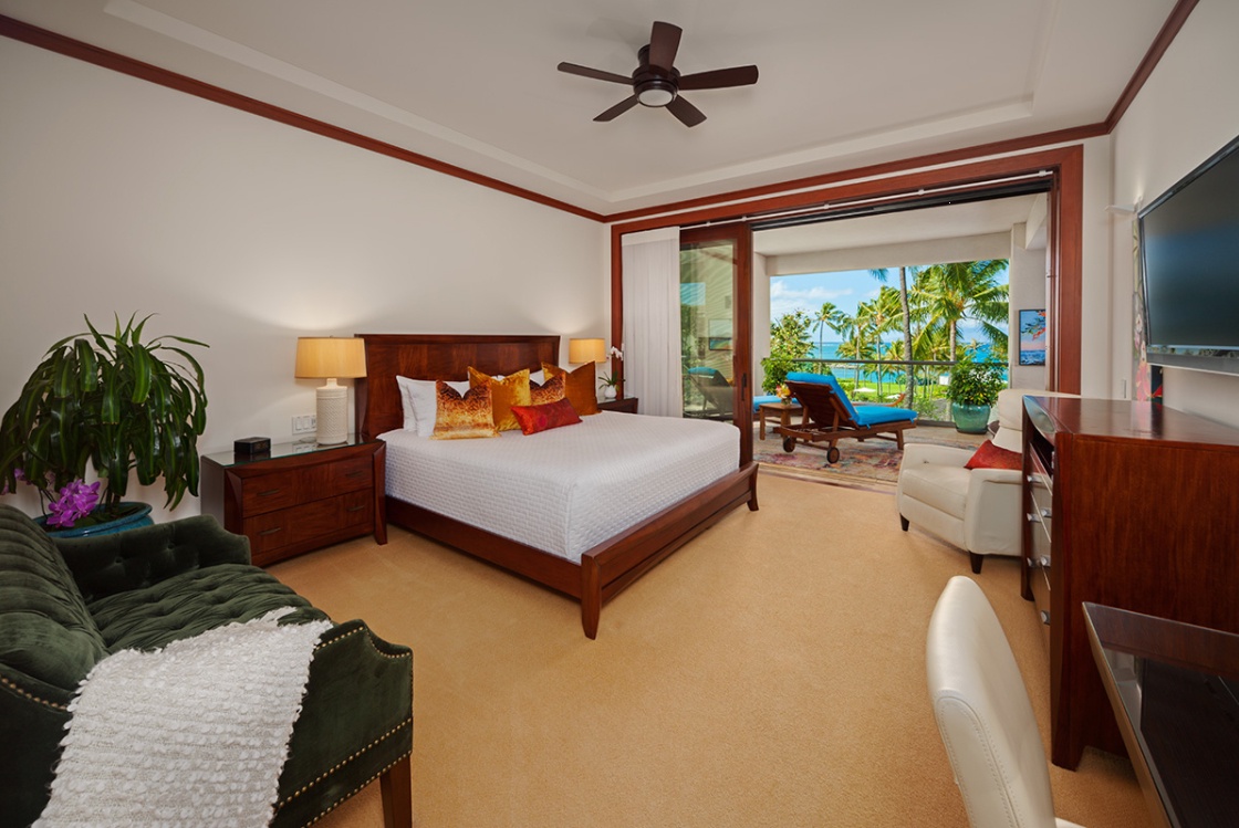 Kapalua Vacation Rentals, Ocean Dreams Villa 2203 at Montage Kapalua Bay* - The Master Bedroom is Tastefully Decorated with Memory Top Plush Mattress, Top-quality Linens, Hardwood furnishings, Desk, iPod Dock, HD Television, CD/DVD Player, Walk-in Closet