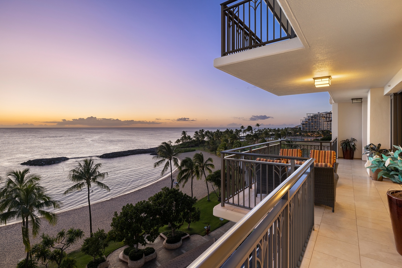 Kapolei Vacation Rentals, Ko Olina Beach Villas B610 - Oceanfront view on the lanai at twilight.