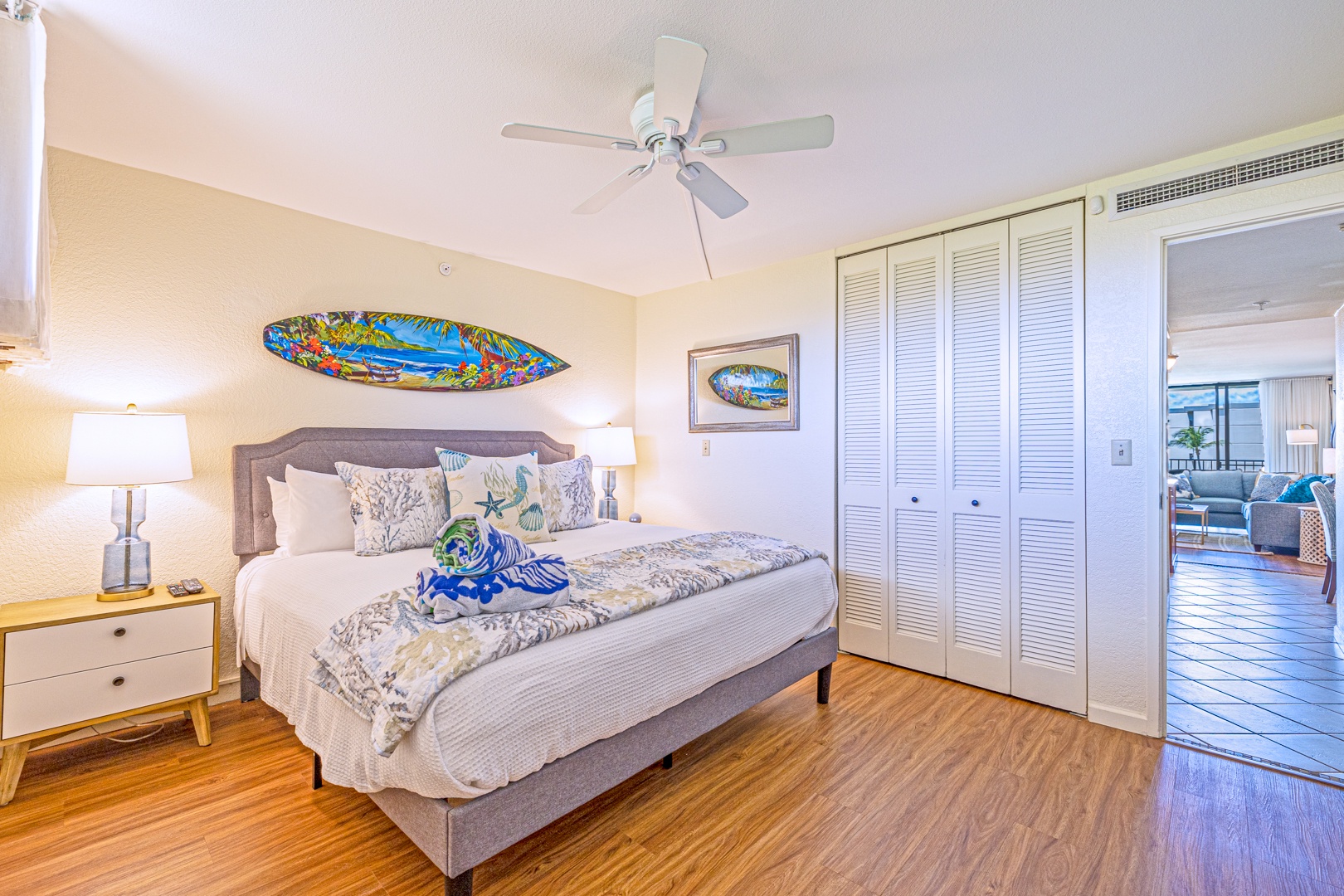 Lahaina Vacation Rentals, Kaanapali Shores 746 - The bedroom features a comfortable bed, large closet space, and a ceiling fan to keep you cool.