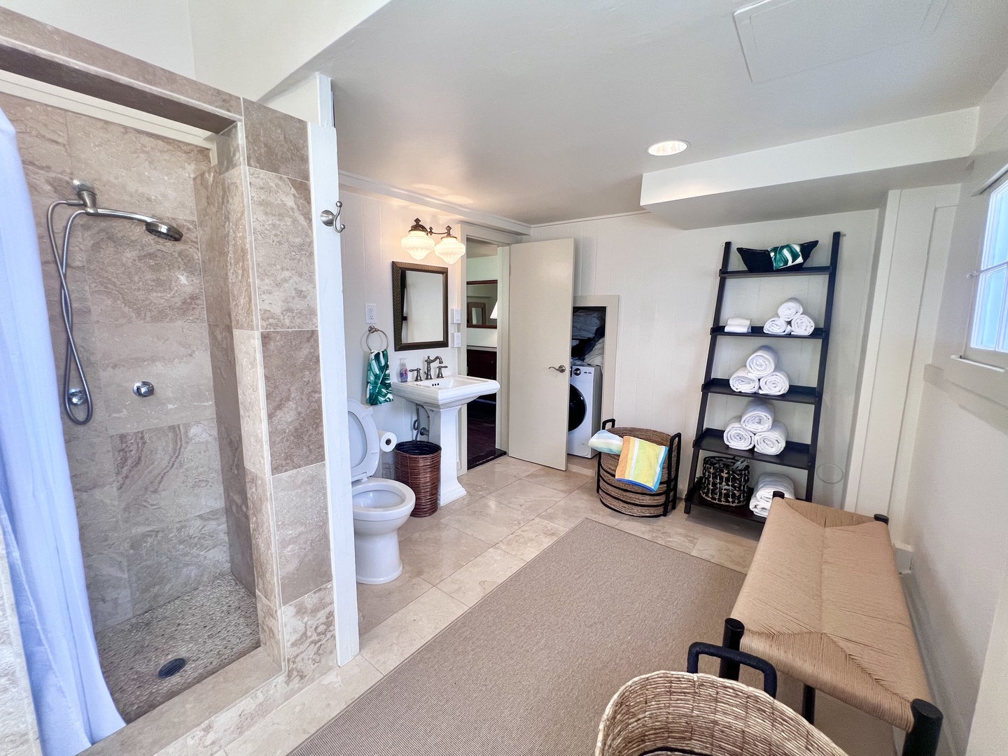 Honolulu Vacation Rentals, Kahala Palms - Spacious bathroom with a large walk-in shower, vanity, and a touch of luxury for your comfort