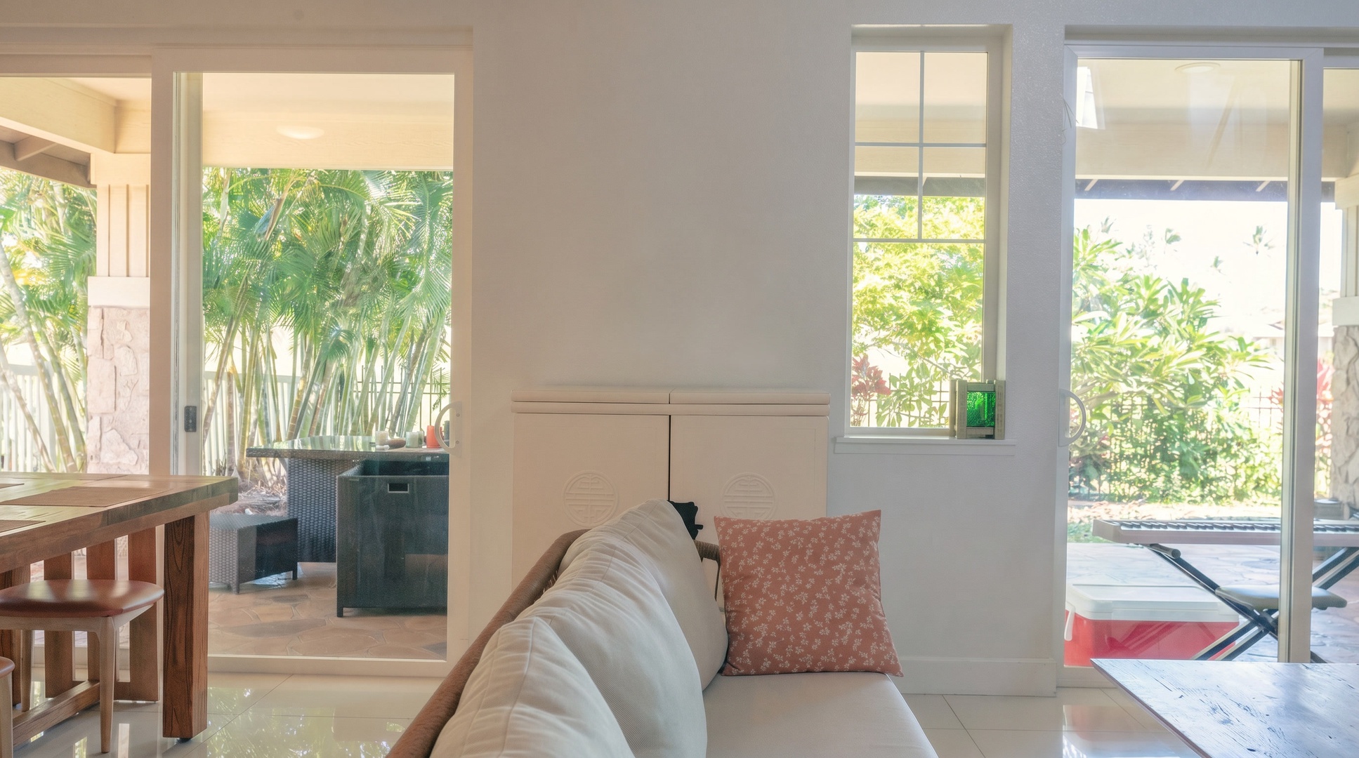 Nap on the sofa by the sliding door while garden light fills the room.
