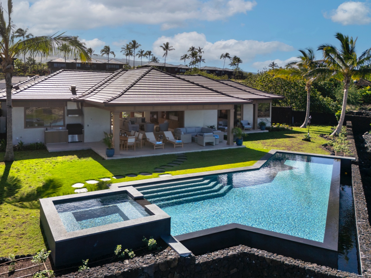 Kailua Kona Vacation Rentals, 4BR Luxury Puka Pa Estate (1201) at Four Seasons Resort at Hualalai - Large pool with spa, a lush private lawn and an inviting outdoor living spaces for the perfect vacation.