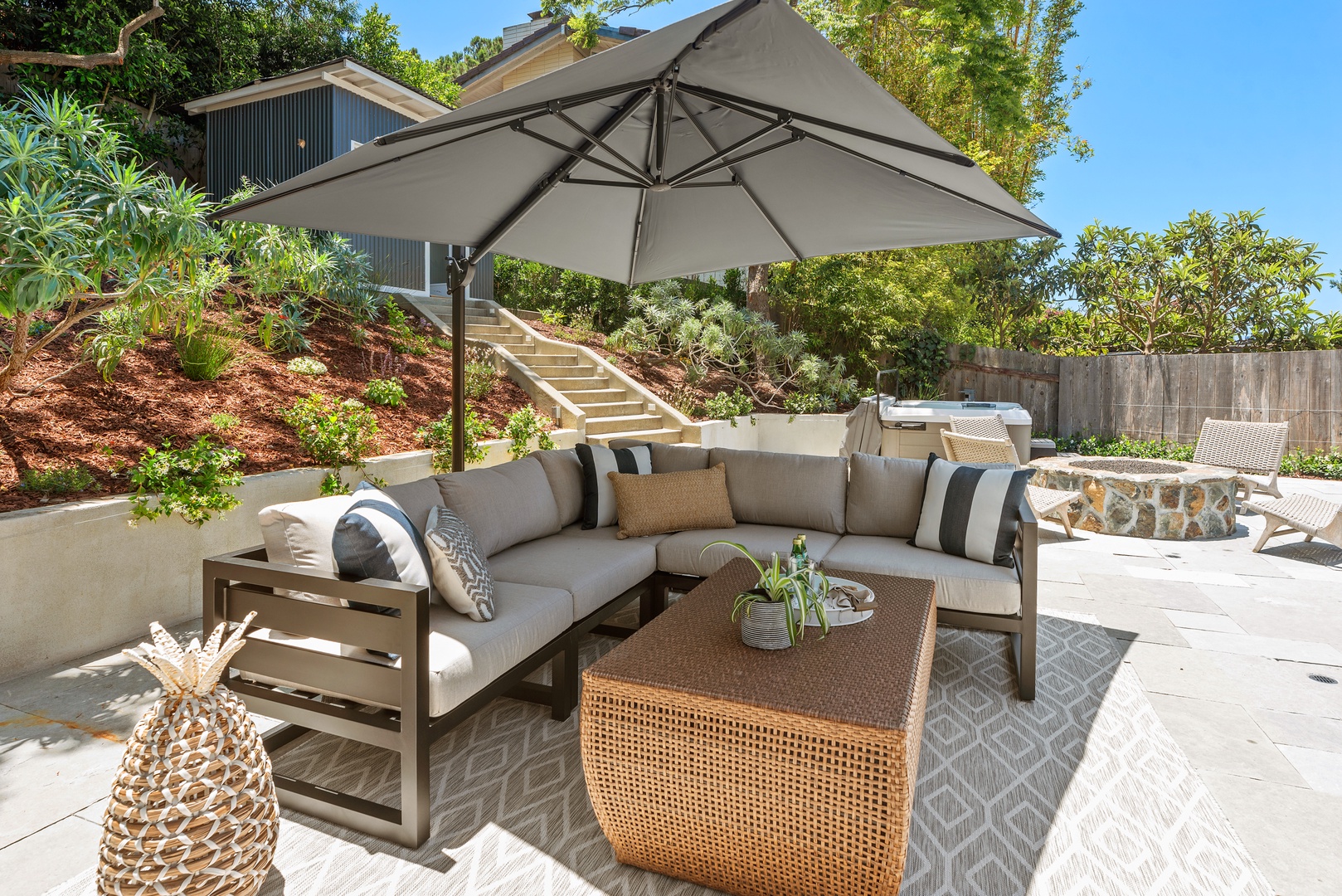 Del Mar Vacation Rentals, Del Mar Zuni Delight - Back patio with dining area, lounge area, firepit, hot tub and private office