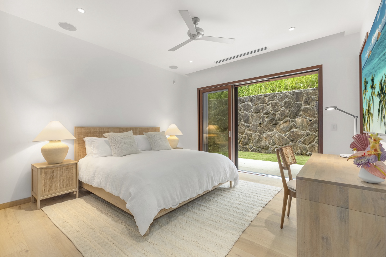 Kailua Vacation Rentals, Lanikai Hillside Estate - Guest bedroom 2 with a queen-sized bed and serene mountain views for a peaceful retreat.