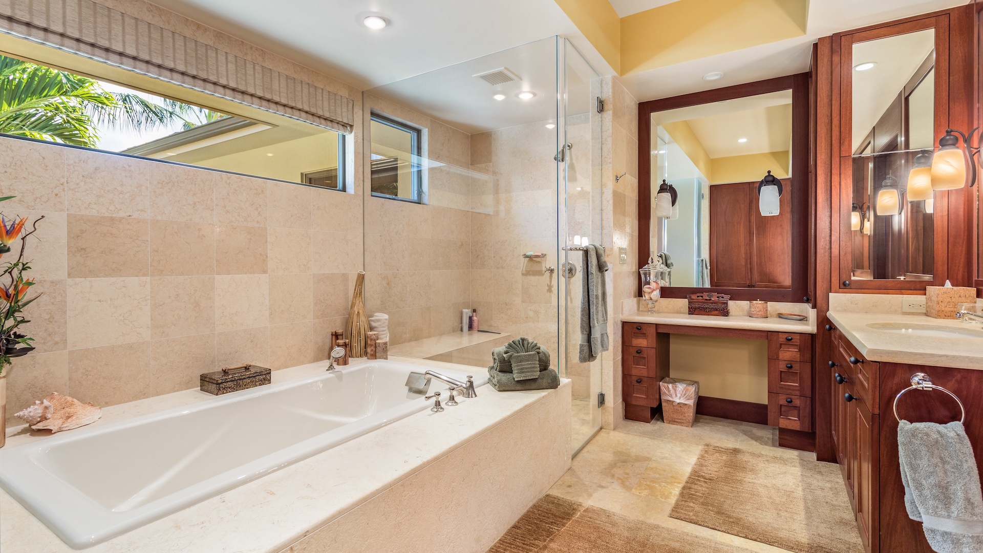 Kailua Kona Vacation Rentals, 2BD Hainoa Villa (2907B) at Hualalai Resort - Primary Bath with Soaking Tub, Walk-In Shower, Privacy Commode & Dual Vanity.