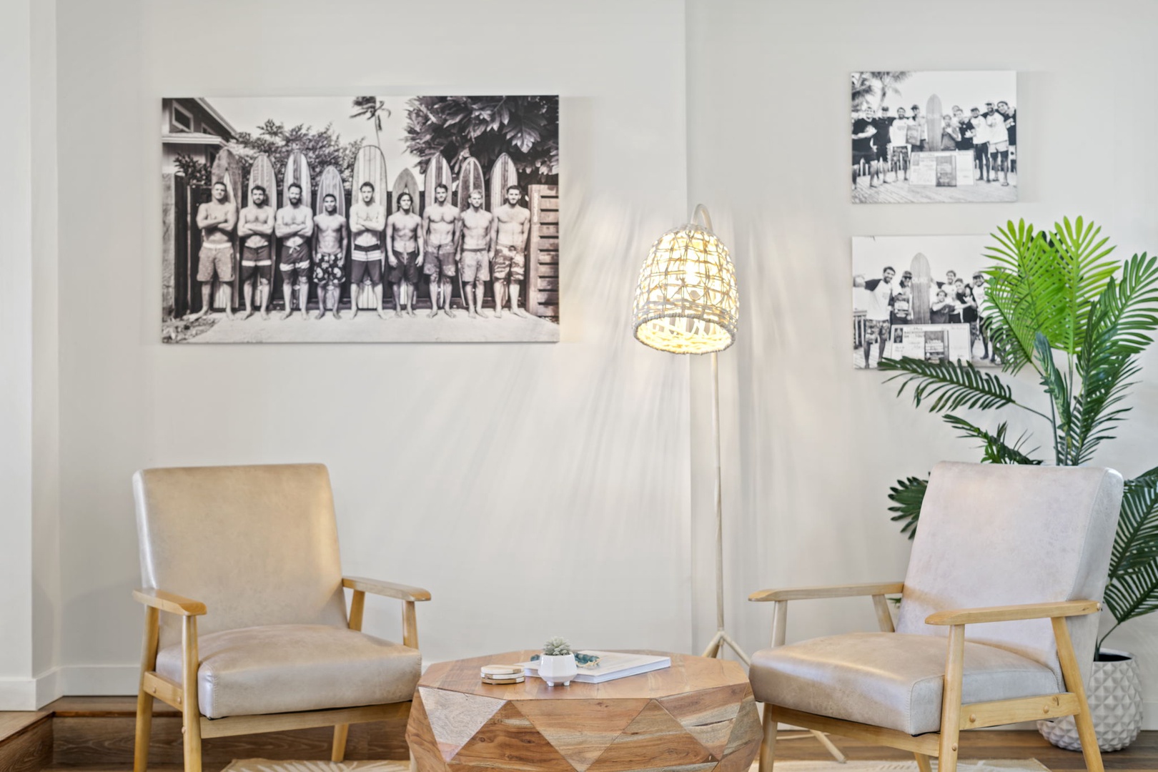 Haleiwa Vacation Rentals, Hale Nalu (Lower Level) - Stylish conversation corner with modern accents and soft lighting for evening relaxation.