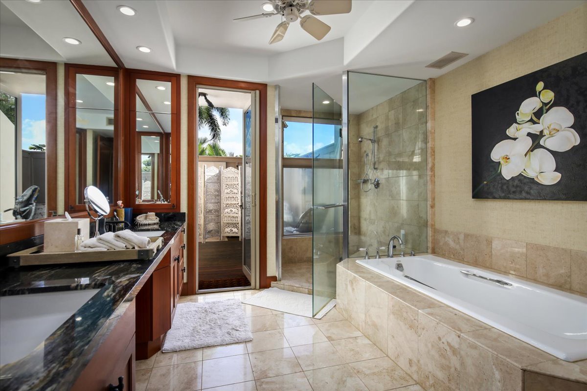 Kailua Kona Vacation Rentals, 3BD Ka'ulu Villa (129B) at Hualalai Resort - The ensuite bathroom has two vanity spaces, separate shower and a large soaking tub.