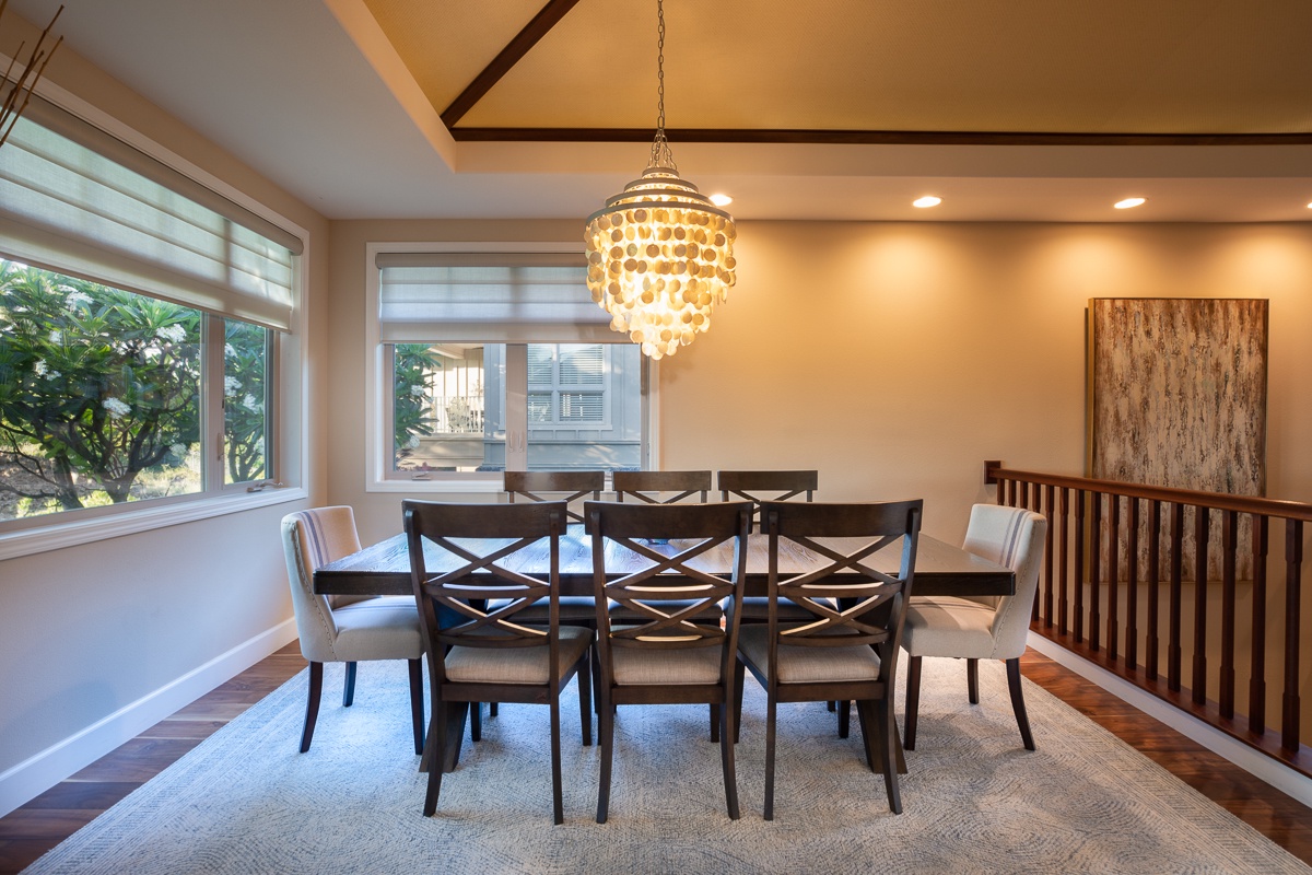 Kamuela Vacation Rentals, Mauna Lani KaMilo #123 - Our classic dining table for eight, adorned with luxury appointments for a memorable dining experience.