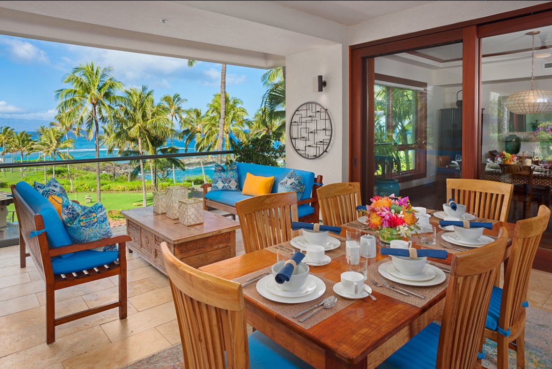 Kapalua Vacation Rentals, Ocean Dreams Villa 2203 at Montage Kapalua Bay* - Ocean View Outdoor Covered Veranda and Dining Area with Teak Furniture