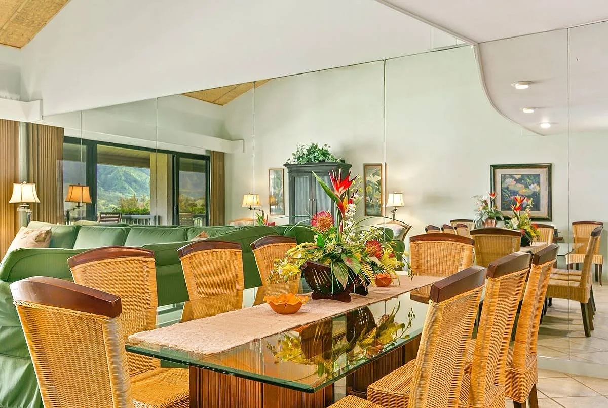 Princeville Vacation Rentals, Hanalei Bay Resort 4302 - Gather and dine in the dining area with table for eight.